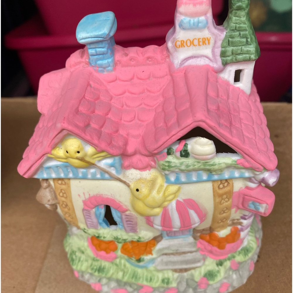 TWO VINTAGE CERAMIC LIGHT UP PLUG IN EASTER SPRING HOUSES REPAINTED TO REFRESH